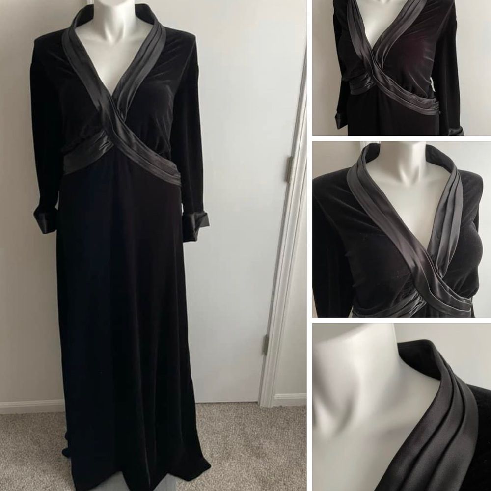 Tadashi Shoji Black Velvet Evening Gown with Satin Trim